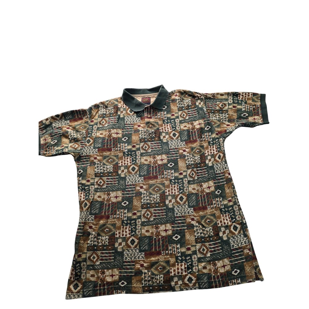 Vintage Duxbak Mens Large Geometric Abstract Print Cotton Polo Shirt Green Brown